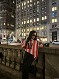 DAXUEN red and white striped oversized knit top with black '17' graphic — model photo