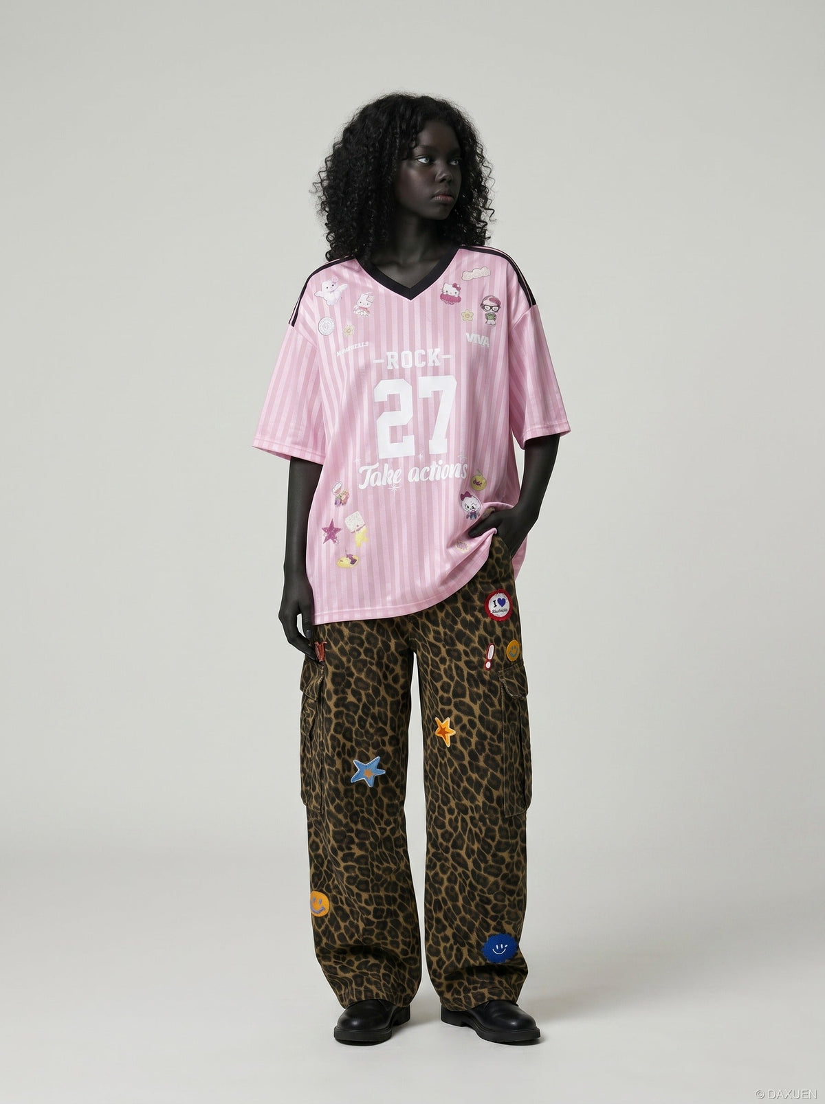 DAXUEN pink oversized cartoon graphic jersey tee — model photo