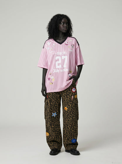 DAXUEN pink oversized cartoon graphic jersey tee — model photo