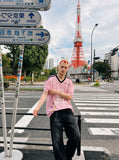 DAXUEN pink oversized cartoon graphic jersey tee — model photo