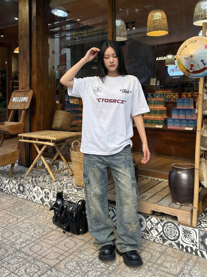 DAXUEN white oversized cloud graphic tee — model photo