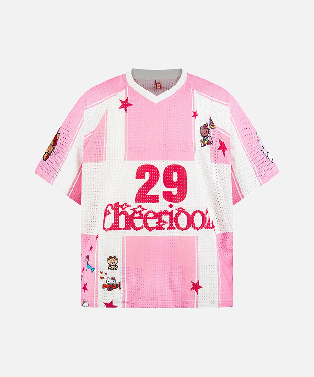 DAXUEN Oversized color block mesh t-shirt with cartoon graphics