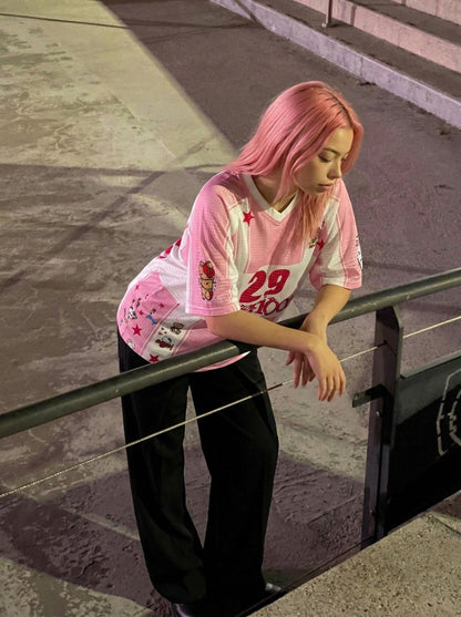 DAXUEN Oversized color block mesh t-shirt with cartoon graphics — model photo