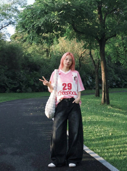 DAXUEN Oversized color block mesh t-shirt with cartoon graphics — model photo