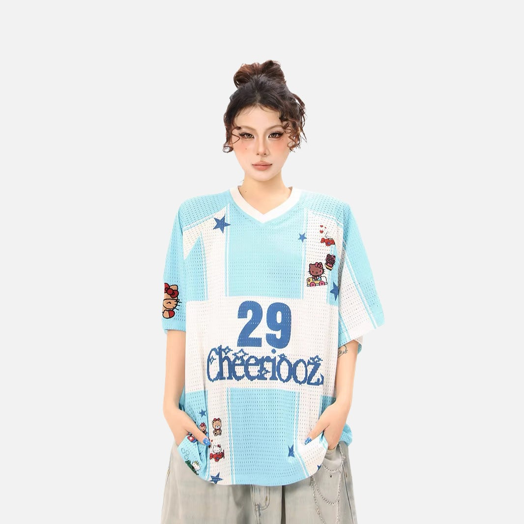 DAXUEN Oversized color block mesh t-shirt with cartoon graphics