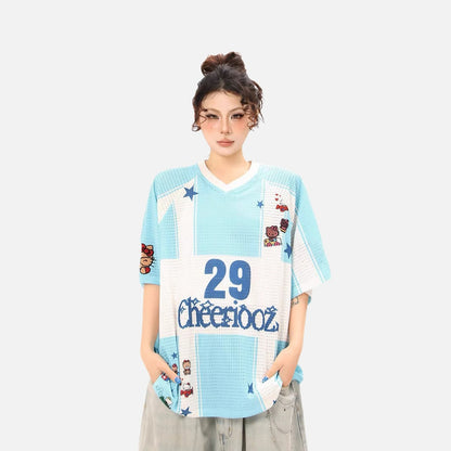 DAXUEN Oversized color block mesh t-shirt with cartoon graphics