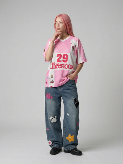 DAXUEN Oversized color block mesh t-shirt with cartoon graphics — model photo