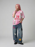DAXUEN Oversized color block mesh t-shirt with cartoon graphics — model photo