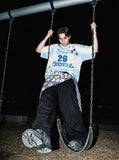 DAXUEN Oversized color block mesh t-shirt with cartoon graphics — model photo