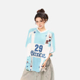 DAXUEN Oversized color block mesh t-shirt with cartoon graphics
