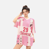 DAXUEN Oversized color block mesh t-shirt with cartoon graphics