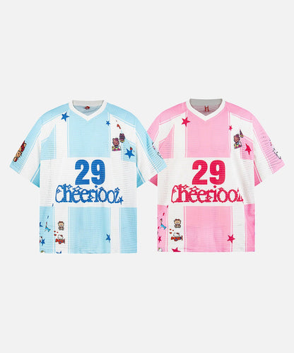 DAXUEN Oversized color block mesh t-shirt with cartoon graphics