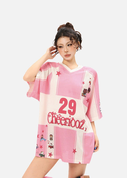 DAXUEN Oversized color block mesh t-shirt with cartoon graphics