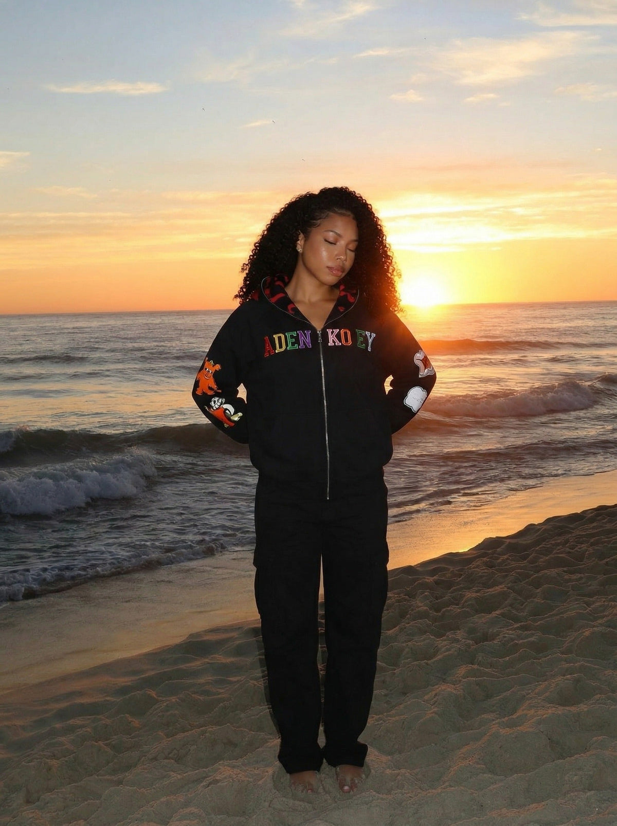 DAXUEN Embroidered hoodie jacket with colorful graphics — model photo
