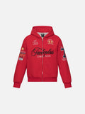 DAXUEN solid red full-zip embroidered crest hoodie