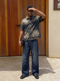 DAXUEN dark blue faded wide-leg flag panel denim jeans — model photo