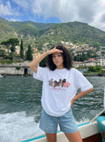 DAXUEN Bold floral patchwork graphic T-shirt — model photo