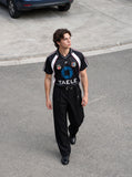 DAXUEN white and navy blue bold geometric graphic football jersey — model photo