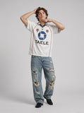 DAXUEN white and navy blue bold geometric graphic football jersey — model photo