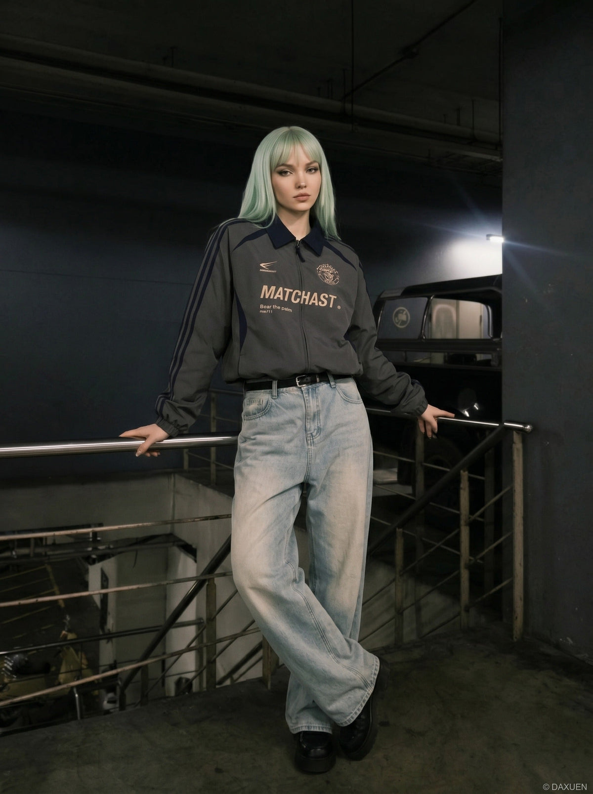 DAXUEN charcoal grey zip jacket with gold text — model photo