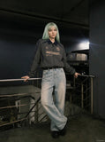 DAXUEN charcoal grey zip jacket with gold text — model photo