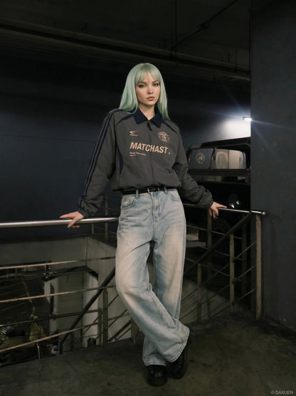 DAXUEN charcoal grey zip jacket with gold text — model photo