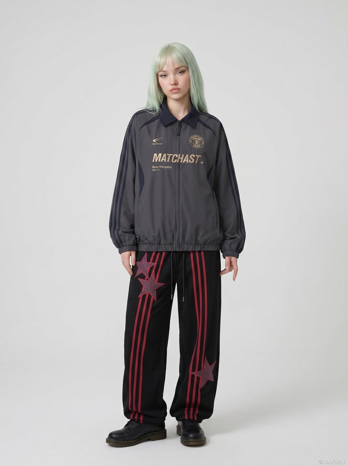 DAXUEN charcoal grey zip jacket with gold text — model photo