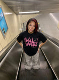 DAXUEN Bold graffiti text short-sleeve T-shirt in black and white — model photo