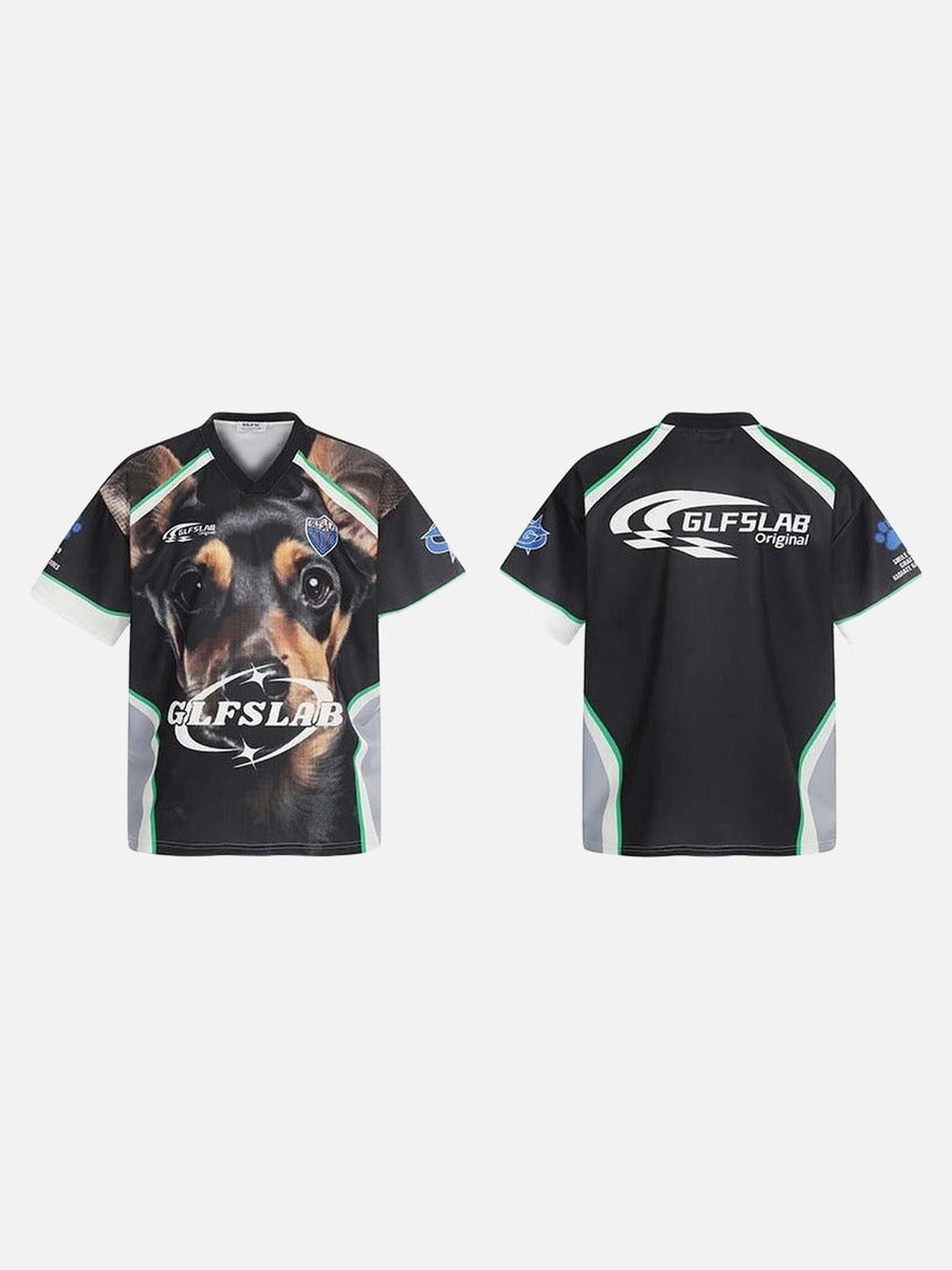 DAXUEN Short-sleeve athletic V-neck T-shirt with dog graphic