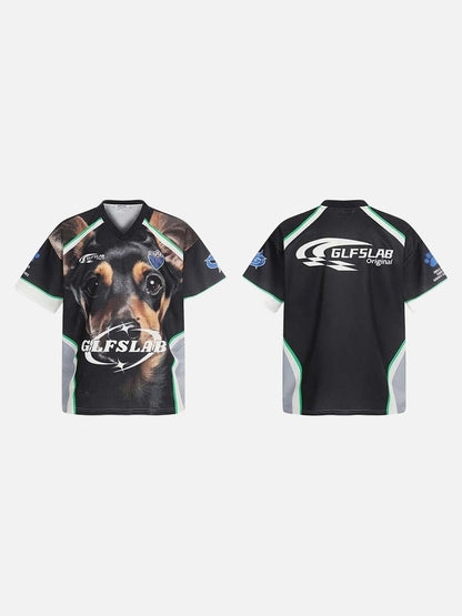 DAXUEN Short-sleeve athletic V-neck T-shirt with dog graphic