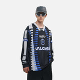 DAXUEN Black long-sleeved oversized jersey top with graphic prints — model photo