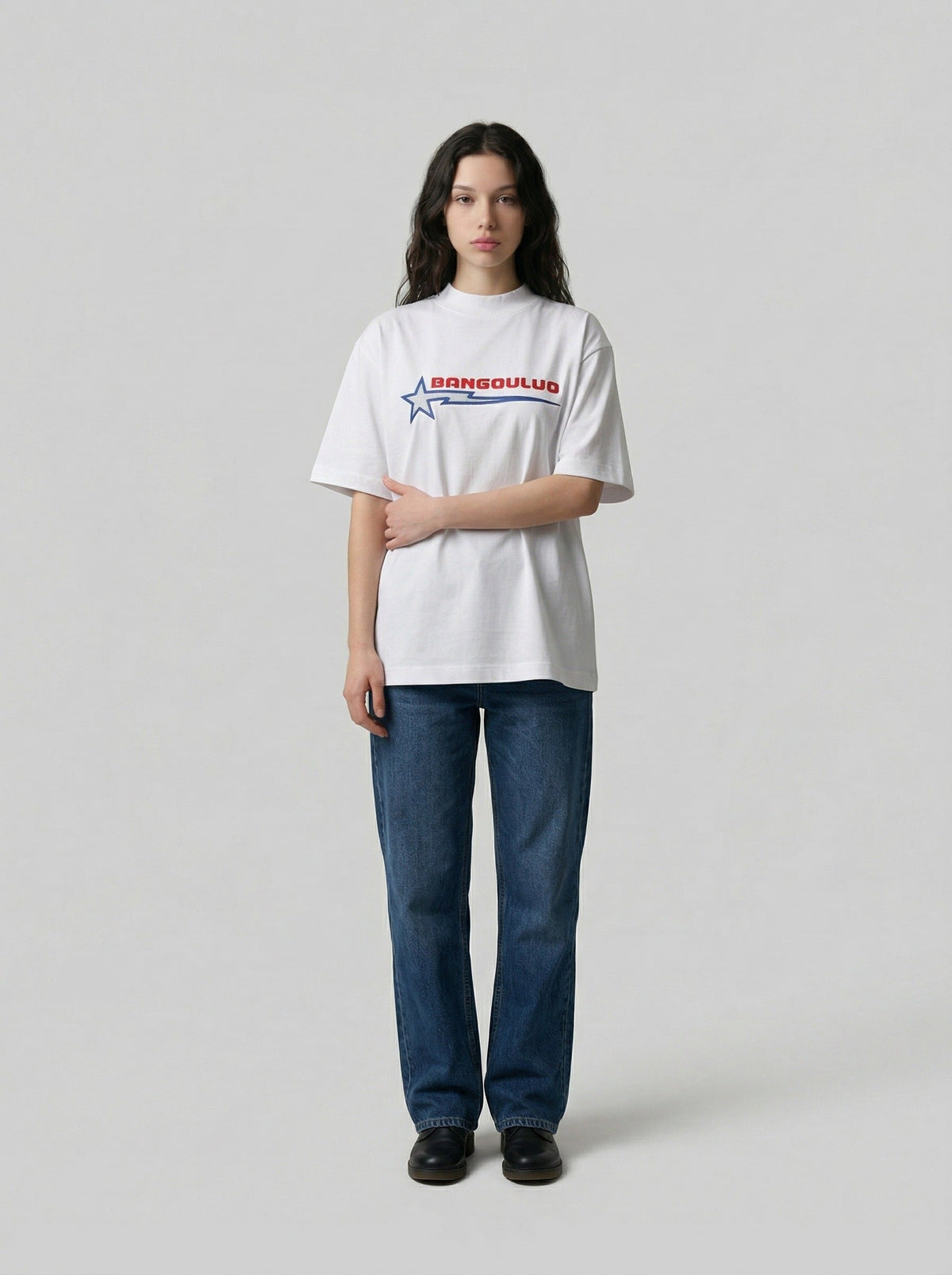 DAXUEN Bold graphic oversized t-shirt in black and white — model photo
