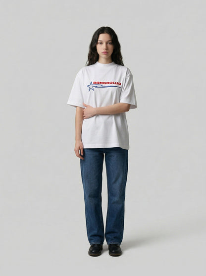 DAXUEN Bold graphic oversized t-shirt in black and white — model photo