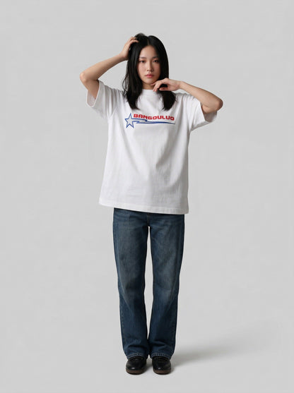 DAXUEN Bold graphic oversized t-shirt in black and white — model photo