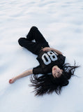 DAXUEN Oversized short-sleeved mesh jersey top — model photo