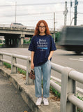 DAXUEN navy oversized multi-line graphic t-shirt — model photo