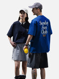 DAXUEN royal blue oversized multi-line serif graphic t-shirt