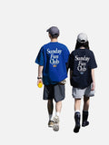 DAXUEN royal blue oversized multi-line serif graphic t-shirt