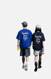 DAXUEN royal blue oversized multi-line serif graphic t-shirt