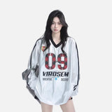 DAXUEN white oversized plaid '09' graphic v-neck jersey top