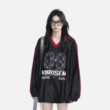 DAXUEN white oversized plaid '09' graphic v-neck jersey top