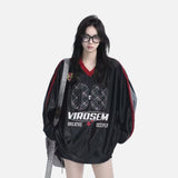DAXUEN white oversized plaid '09' graphic v-neck jersey top