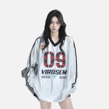 DAXUEN white oversized plaid '09' graphic v-neck jersey top