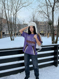 DAXUEN Purple short-sleeved graphic T-shirt with unique design — model photo