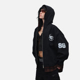 DAXUEN black oversized hooded jacket with red star patch