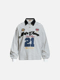 DAXUEN striped oversized polo shirt with bold script and denim appliqué