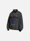 DAXUEN striped oversized polo shirt with bold script and denim appliqué