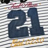 DAXUEN striped oversized polo shirt with bold script and denim appliqué