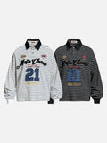 DAXUEN striped oversized polo shirt with bold script and denim appliqué