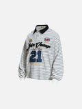 DAXUEN striped oversized polo shirt with bold script and denim appliqué